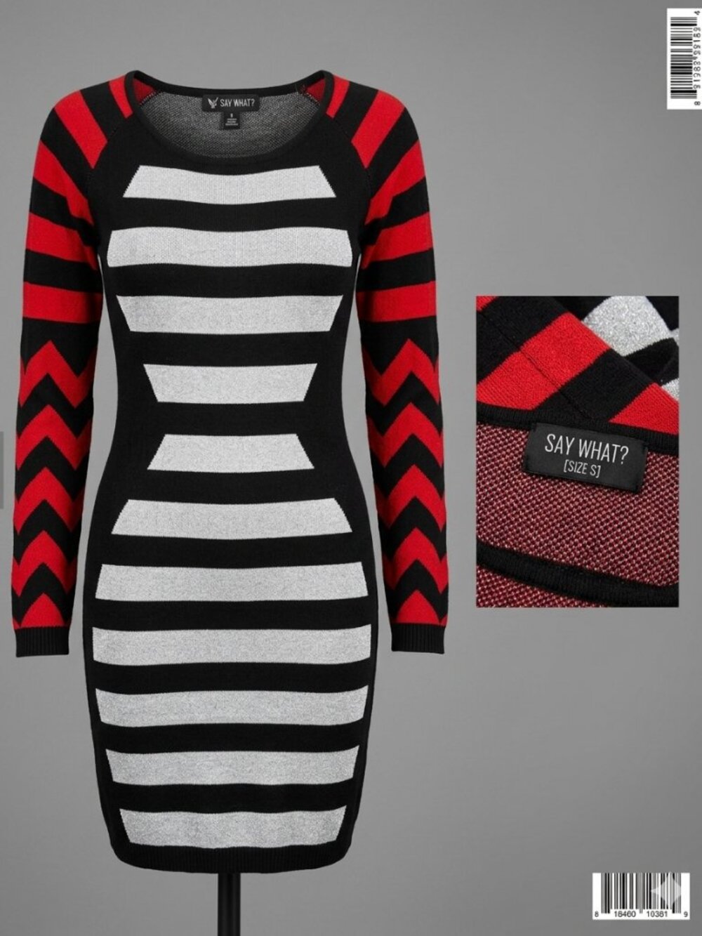 Say What? Black & Red Striped Long Sleeve Bodycon Knit Dress - Size S